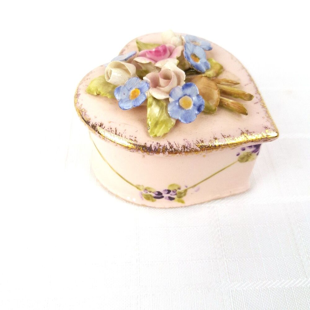 Vee Jackson California Pottery Heart Trinket Box Pink Gold Floral Mint Vintage